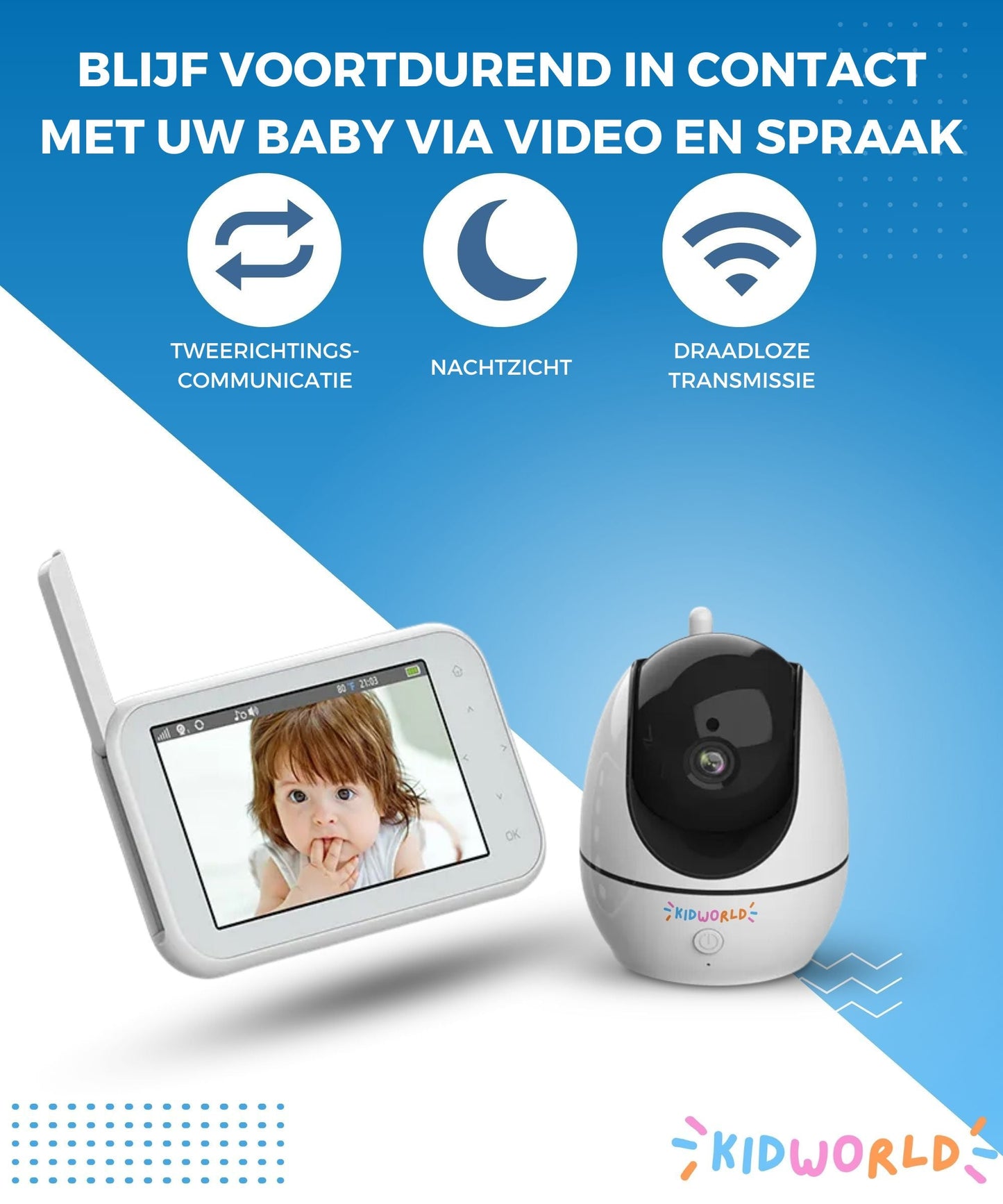 KidWorld Babyfoon Met Camera | IR Night Vision | 355° PTZ Rotatie | Met Baby Monitor