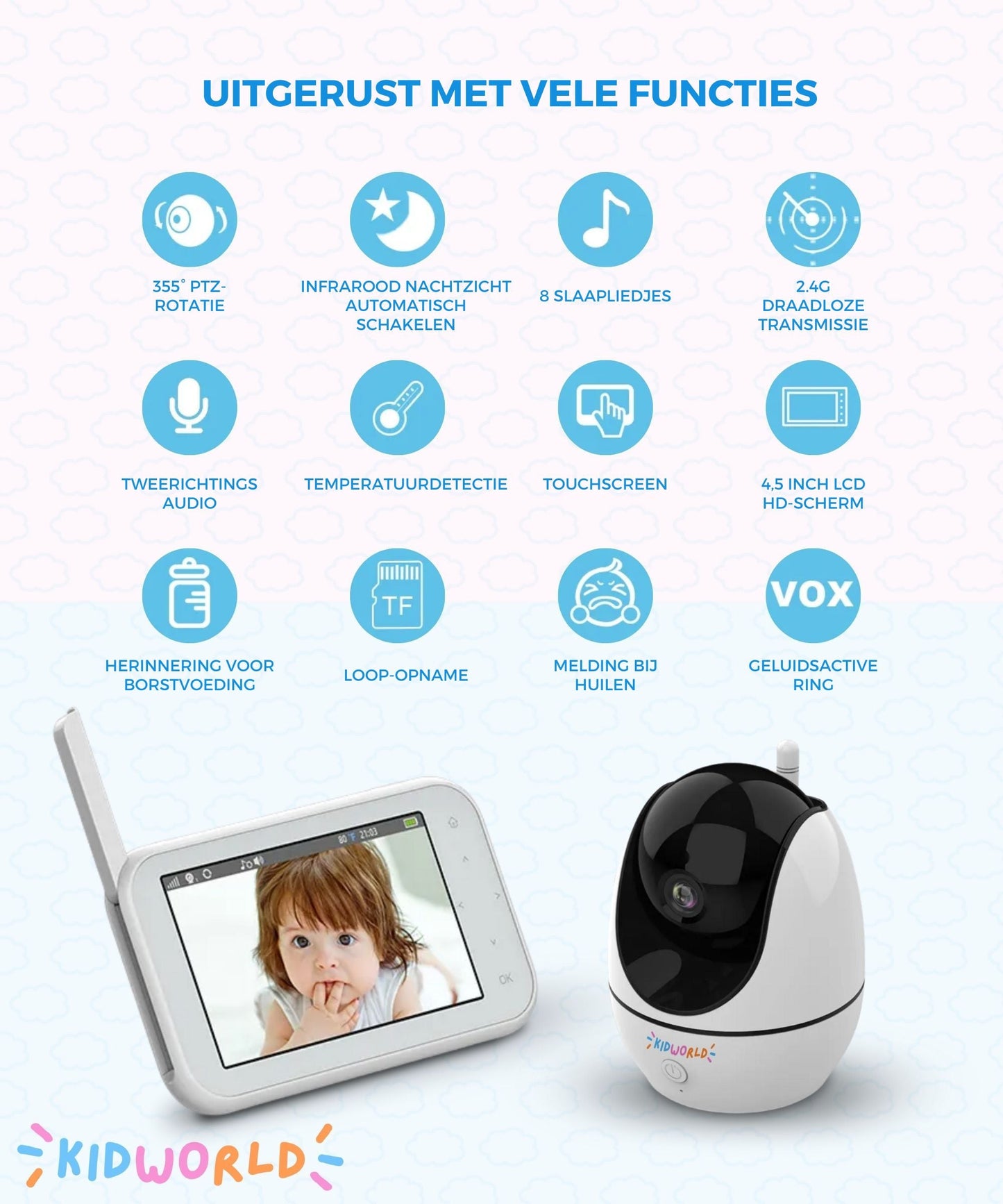 KidWorld Babyfoon Met Camera | IR Night Vision | 355° PTZ Rotatie | Met Baby Monitor