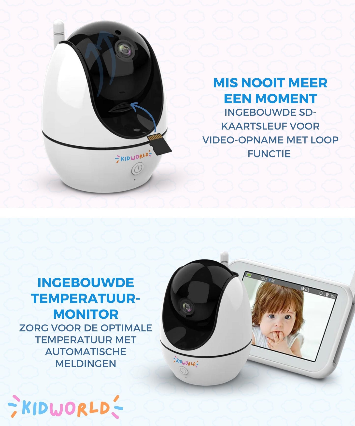 KidWorld Babyfoon Met Camera | IR Night Vision | 355° PTZ Rotatie | Met Baby Monitor