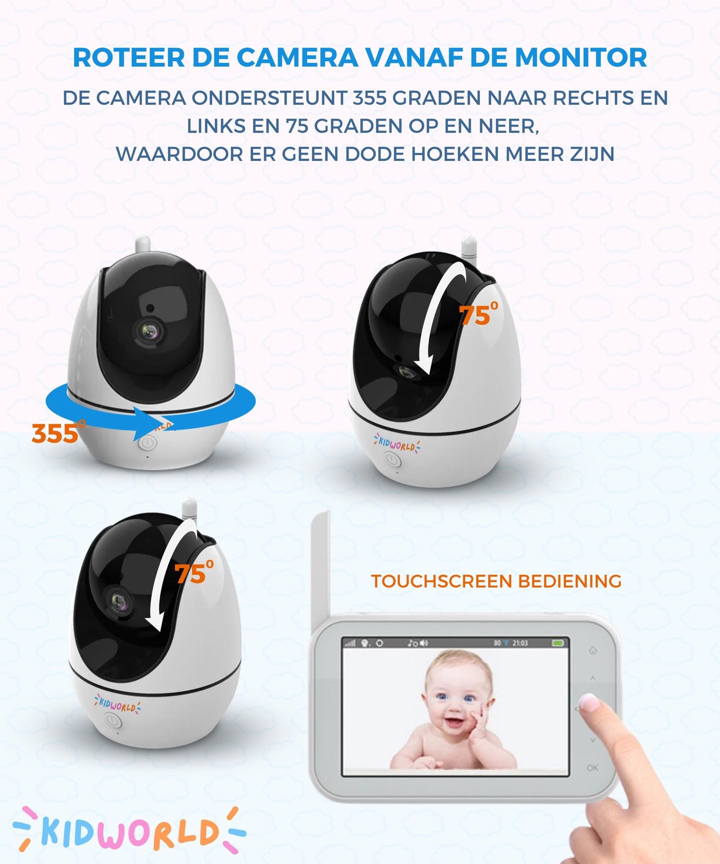 KidWorld Babyfoon Met Camera | IR Night Vision | 355° PTZ Rotatie | Met Baby Monitor